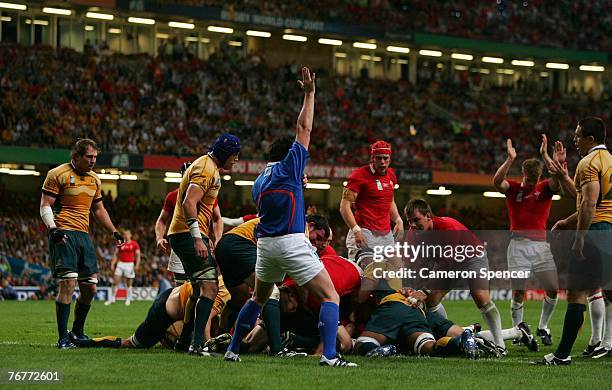 Referee Steve Walsh awards a try to Wales, scored by Jonathan Thomas, during the Rugby World Cup 2007 Pool B match between Wales and Australia at the...