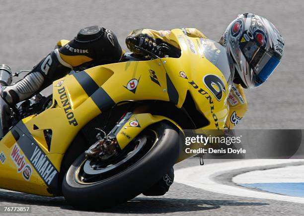 Makoto Tamada of Japan rides his Yamaha motorbike during the MotoGP Qualifying Practice at the Estoril racetrack in the MotoGP of Portugal September...