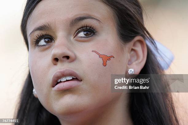 Texas Longhorns cheerleader looks on from the sideline during the game against the TCU Horned Frogs on September 8, 2007 at Darren K. Royal Stadium...