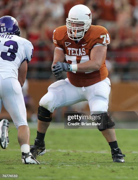 Offensive tackle Adam Ulatoski of the Texas Longhorns looks to make a block during their game against the TCU Horned Frogs on September 8, 2007 at...
