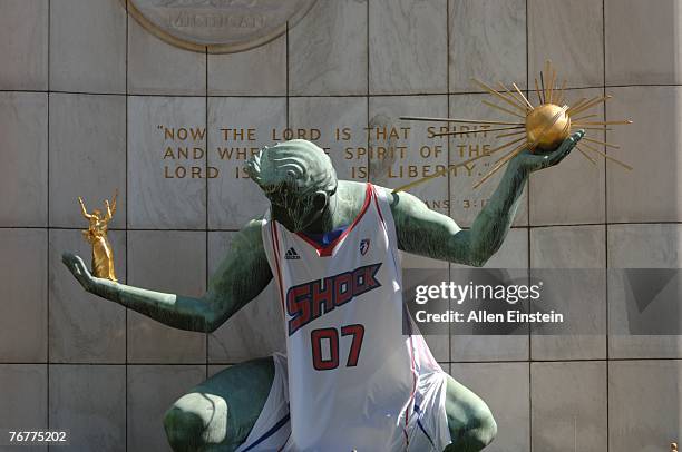 Spirit of Detroit statue with giant Pistons Jersey