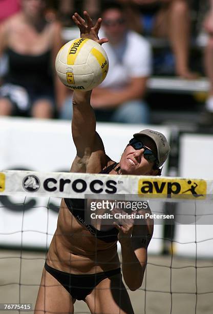 Elaine Youngs hits the ball during the AVP San Francisco Best of the Beach Open match against Jennifer Boss and April Ross at Pier 30/32 on September...