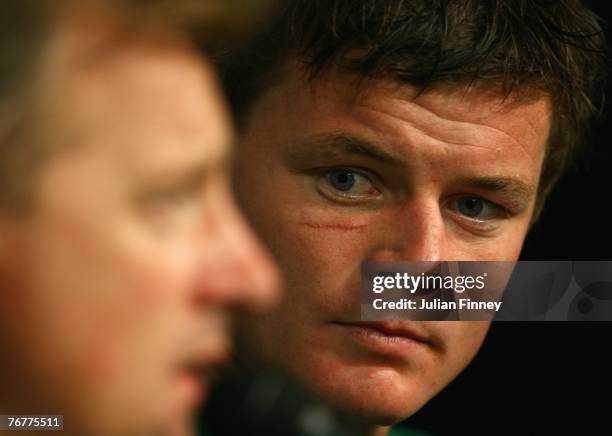 Ireland Head Coach Eddie O'Sullivan answers questions from the media as Brian O'Driscoll looks on after Match Sixteen of the Rugby World Cup 2007...