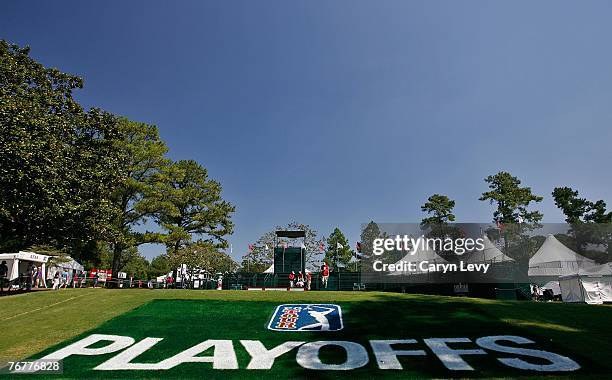 Scenic view of the PGA TOUR Playoffs logo painted on the grass during the third round of THE TOUR Championship, the final event of the new PGA TOUR...