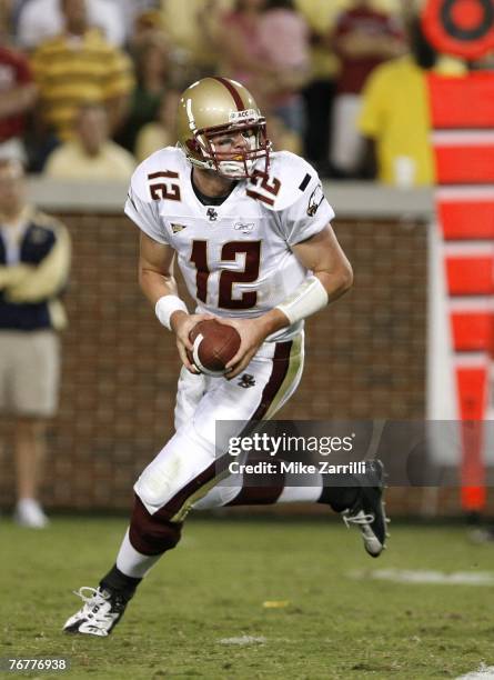 Quarterback Matt Ryan of the Boston College Eagles rolls out and looks downfield during the game against the Georgia Tech Yellow Jackets at Bobby...