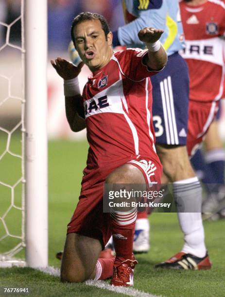 Chicago Fire's Cuauhtemoc Blanco celebrates his goal on a penalty kick during the second half against the New York Red Bulls at Toyota Park on...