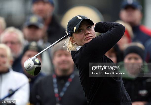 Linda Wessberg of Sweden and the European Team drives at first hole during the singles matches of the 2007 Solheim Cup, held on the Halmstad Golf...