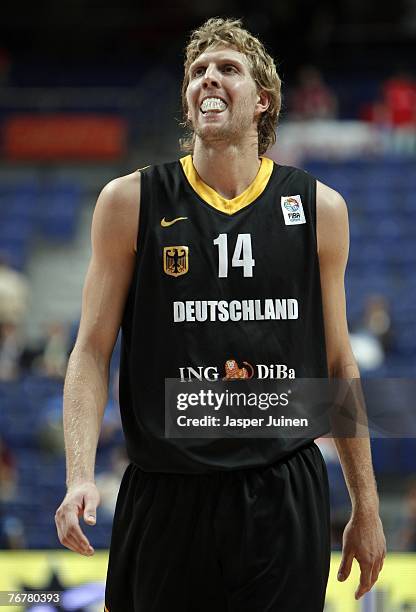 Dirk Nowitzki of Germany reacts during the FIBA Eurobasket 2007 match for placings 5th and 6th between Germany and Croatia at the Palacio de Deportes...