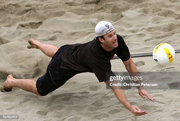 John Hyden makes a diving dig in the AVP San Francisco Best of the Beach Open exhibition match against Mike Lambert and Stein Metzger at Pier 30/32...