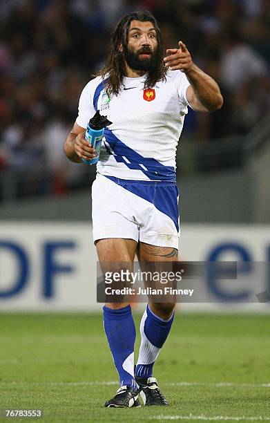 Sebastien Chabal of France gestures during Match Nineteen of the Rugby World Cup 2007 between France and Namibia at Le Stadium on September 16, 2007...