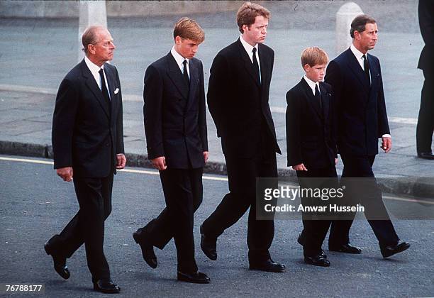 The Duke of Edinburgh, Prince William, Earl Spencer, Prince Harry and the Prince of Wales follow the coffin of Diana, Princess of Wales in September...