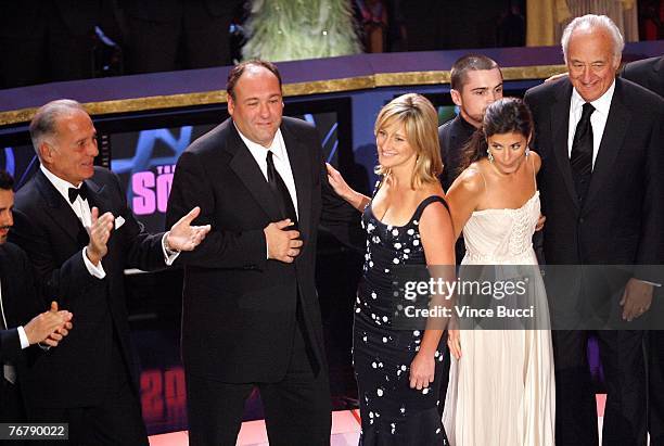 The cast of the Sopranos accepts the Outstanding Directing in a Drama Series award onstage during the 59th Annual Primetime Emmy Awards at the Shrine...