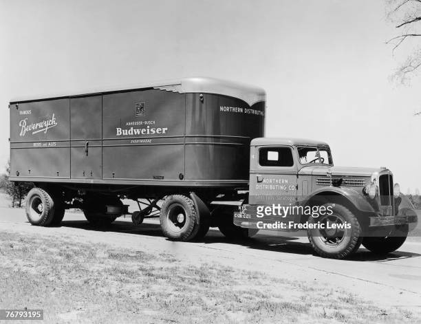 Northern Distributing Company lorry transports Budweiser lager around the United States, circa 1960.