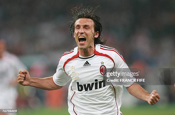 Picture teken 23 May 2007 of AC Milan's midfielder Andrea Pirlo jubilating after the first goal during the Champions League final football match...