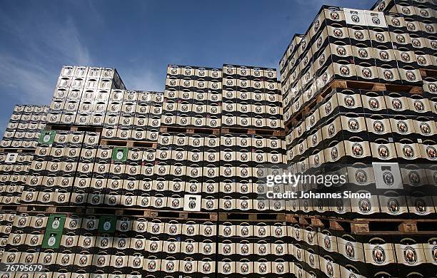 Beer crates inside the courtyard of the Spaten Brewery prior to the Octoberfest 2007 beer festival on September 17, 2007 in Munich, Germany. The...