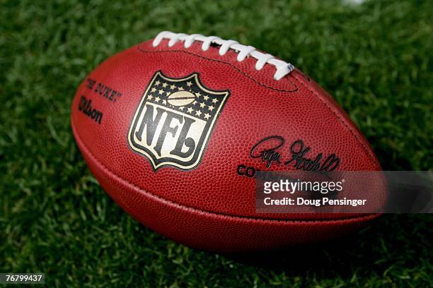 Close up of the official NFL 'The Duke' game ball complete with commissioner Roger Goodell's signature as the Denver Broncos defeated the Oakland...