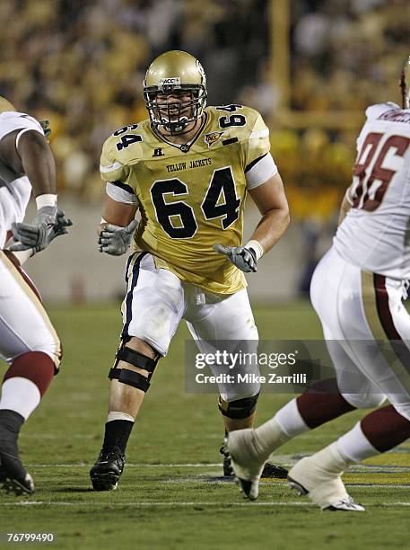 Offensive tackle Andrew Gardner of the Georgia Tech Yellow Jackets drops back into pass protection during the game against the Boston College Eagles...