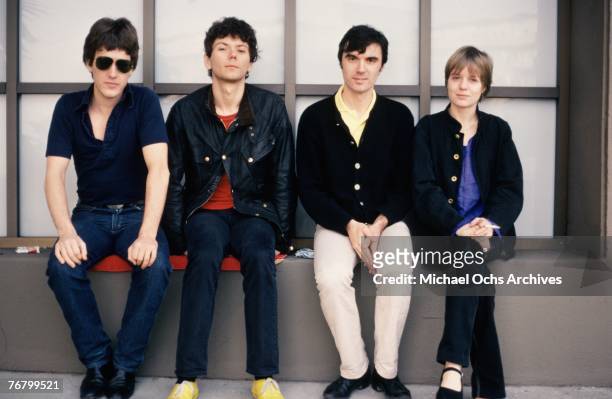 Chris Frantz, Jerry Harrison, David Byrne, and Tina Weymouth of the Talking Heads pose for publicity shots in December 1977 in Hollywood, California.