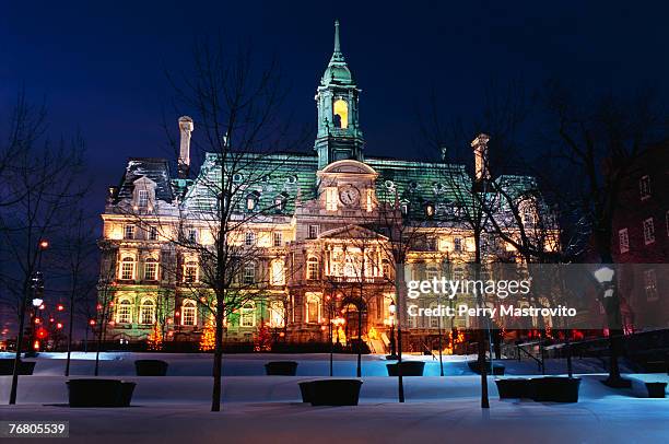 city hall with illuminated christmas trees, quebec, canada - place jacques cartier stock pictures, royalty-free photos & images