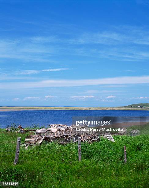 lobster traps, grosse-ile, magdalen islands, quebec, canada - islas de la magdalena fotografías e imágenes de stock