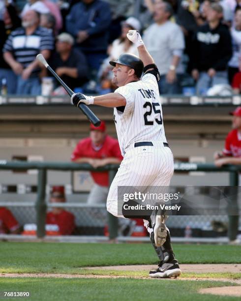 Jim Thome of the Chicago White Sox reacts after hitting his 500th career home run, a walk off home run winning the game, off of Dustin Moseley during...