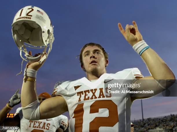 Quarterback Colt McCoy of the Texas Longhorns after play against the University of Central Florida Knights at Bright House Networks Stadium on...