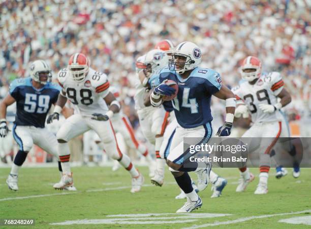 Roell Preston, Wide Receiver for the Tennessee Titans runs the ball during the American Football Conference Central game against the Cleveland Browns...