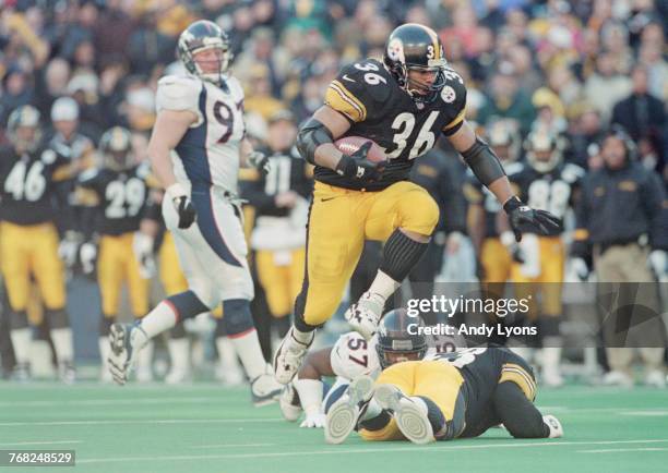 Jerome Bettis, Running Back for the Pittsburgh Steelers runs the ball during the American Football Conference Championship game against the Denver...