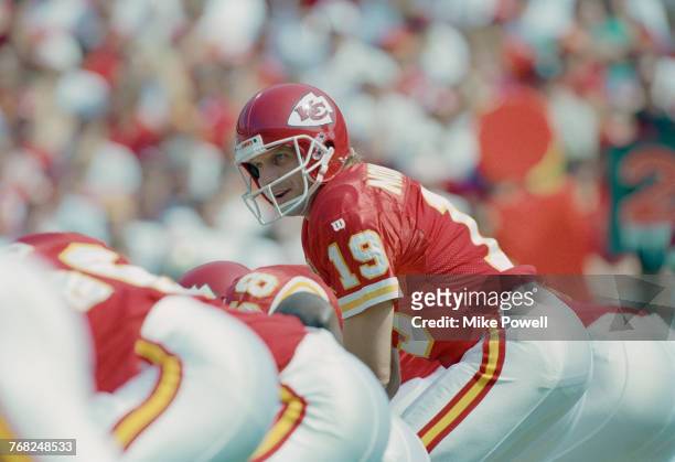 Joe Montana, Quarterback for the Kansas City Chiefs calls the play at the snap during the American Football Conference West game against his former...