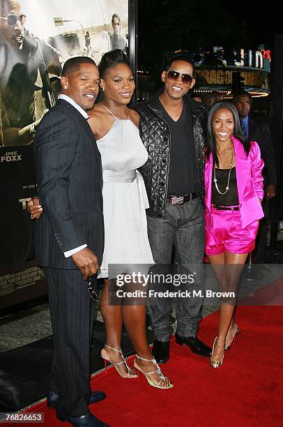 Actor Jamie Foxx, Serena Williams, actor Will Smith and actress Jada Pinkett Smith attend "The Kingdom" film premiere at the Mann's Village Westwood...