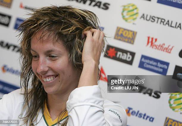 Australia's midfielder Sally Shipard answers a question from the media during the pre-match press conference in Chengdu, in China's southwestern...