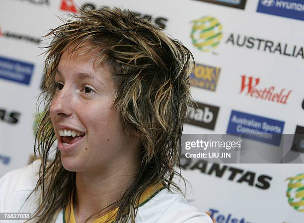 Australia's midfielder Sally Shipard answers a question from the media during the pre-match press conference in Chengdu, in China's southwestern...