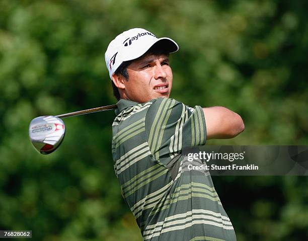 Andres Romero of Argentina plays a tee shot during the third round of The Mercedes-Benz Championship at The Gut Larchenhof Golf Club on September 15,...