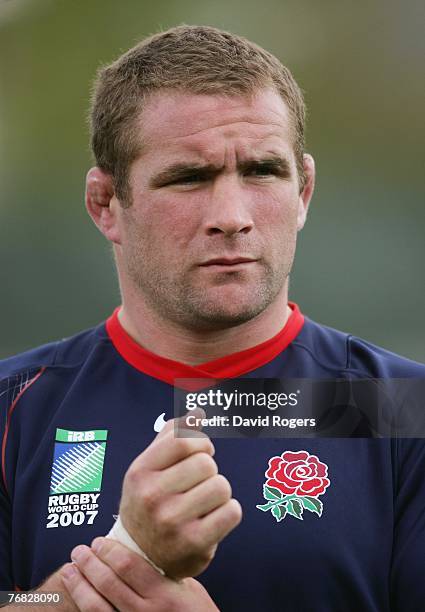 England captain Phil Vickery looks on during the England training session at the Stade Montbauron on September 18, 2007 in Versailles, France.