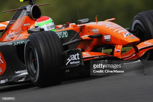 Sakon Yamamoto of Japan and Spyker F1 drives during the Belgian Formula One Grand Prix at the Circuit of Spa Francorchamps on September 16, 2007 in...