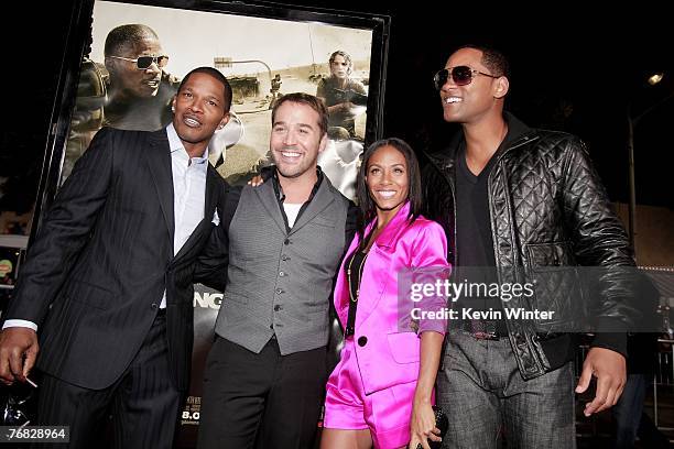 Actors Jamie Foxx, Jeremy Piven, Jada Pinkett Smith and Will Smith pose at the premiere of Universal Picture's "The Kingdom" at the Mann's Village...