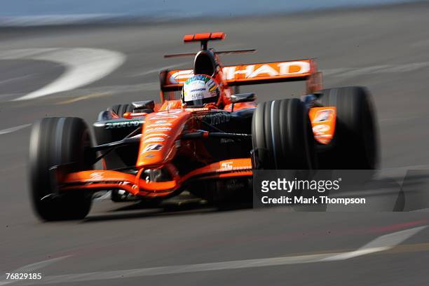 Adrian Sutil of Germany and Spyker F1 drives during the Belgian Formula One Grand Prix at the Circuit of Spa Francorchamps on September 16, 2007 in...