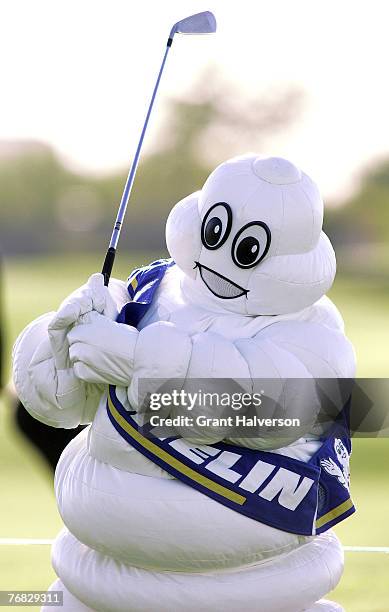 The Michelin Man works on his swing on the driving range during the first round of the 2005 Michelin Championship Thursday, Oct. 13 at the TPC at...