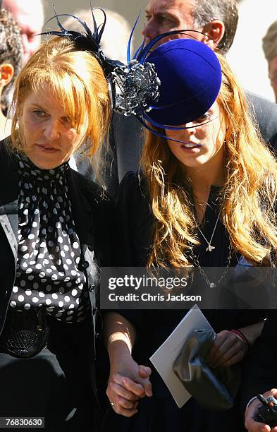 Sarah Ferguson, The Duchess of York, and Princess Beatrice hold hands as they leave the Isabella Blow Tribute at Guards Chapel on September 18, 2007...