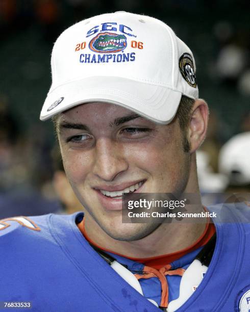 Florida quarterback Tim Tebow gets interviewed at the SEC Title game against Arkansas in the Georgia Dome on December 2, 2006 in Atlanta, Georgia.