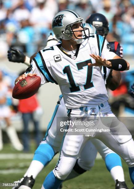 Jake Delhomme of the Carolina Panthers passes against the Houston Texans at Bank of America Stadium on September 16, 2007 in Charlotte, North...