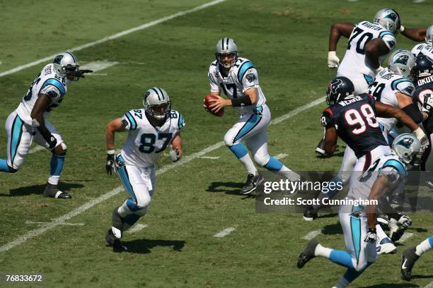Jake Delhomme of the Carolina Panthers passes against the Houston Texans at Bank of America Stadium on September 16, 2007 in Charlotte, North...