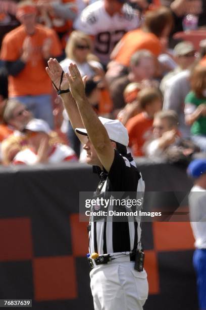 Referee Pete Morelli signals a touchdown during the Cincinnati Bengals versus Cleveland Browns game on September 16, 2007 at Cleveland Browns Stadium...