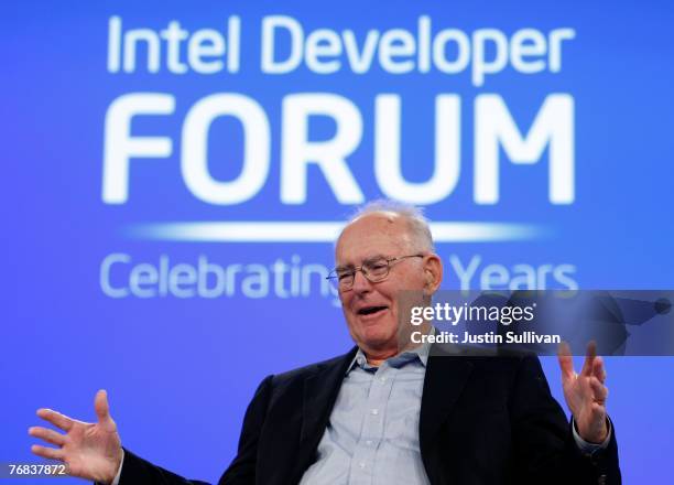 Intel co-founder Gordon Moore gestures as he speaks during a conversation with National Public Radio host Dr. Moira Gunn during the 2007 Intel...