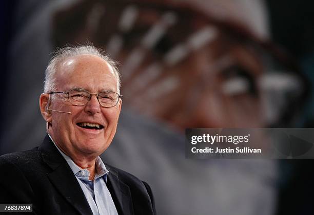 Intel co-founder Gordon Moore smiles as he speaks during a conversation with National Public Radio host Dr. Moira Gunn at the 2007 Intel Developer...