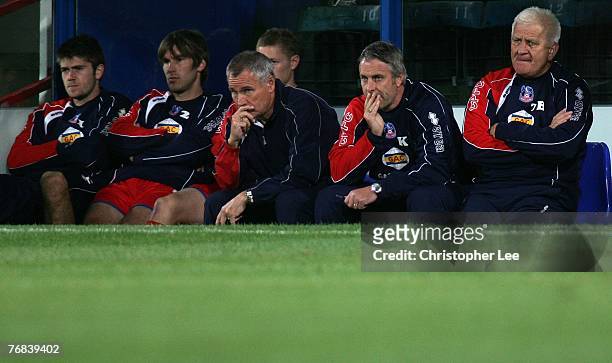 Manager Peter Taylor and his assistant Kit Symons of Crystal Palace look dejected during the Coca-Cola Championship match between Crystal Palace and...