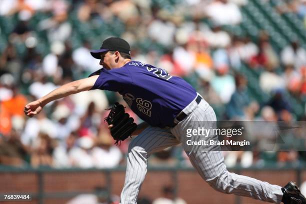 Jeff Francis of the Colorado Rockies pitches during the game against the San Francisco Giants at AT&T Park in San Francisco, California on August 29,...