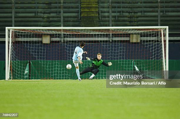 soccer player makes a goal - porta calcio foto e immagini stock