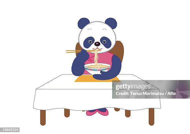 panda eating - ramen noodles white background stock illustrations
