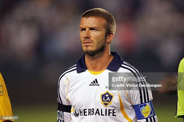 David Beckham of the Los Angeles Galaxy looks on prior to their SuperLiga Final match against Pachuca at the Home Depot Center on August 29, 2007 in...